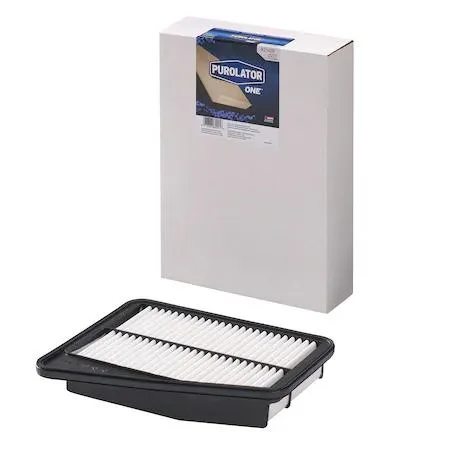 White rectangular pleated paper air filter with black rubber seal and PurolatorONE branding