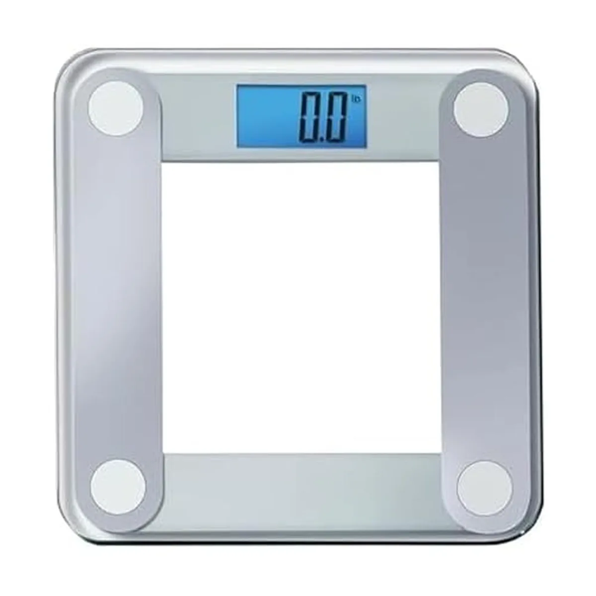 Grey rectangular bath scale with clear glass top and large blue backlit display, 13.5 by 13.88 inches, 1.88 inches thick