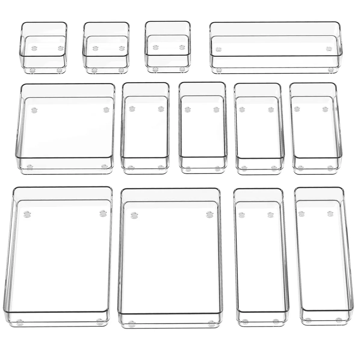 Clear plastic drawer organiser set with thirteen trays in five sizes, non-slip silicone base