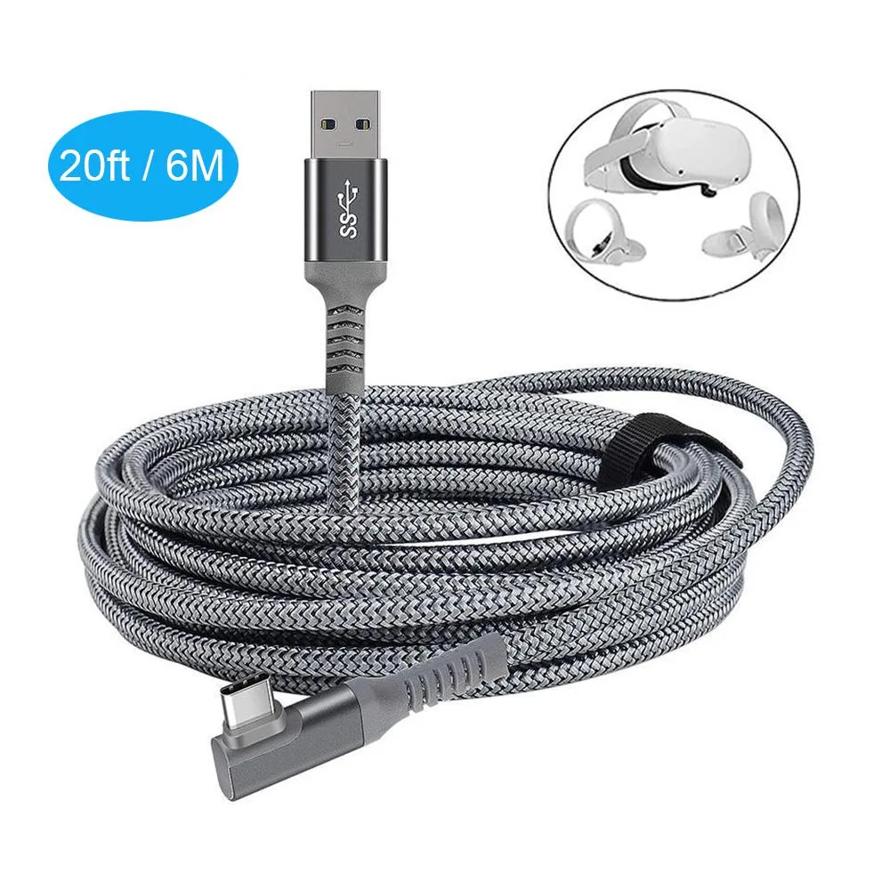 IHDAPP IHDAPP 20ft 6M USB A to USB C VR Link Cable 5Gbps 90 Degree Right Angle Nylon Braided Gray — product photo