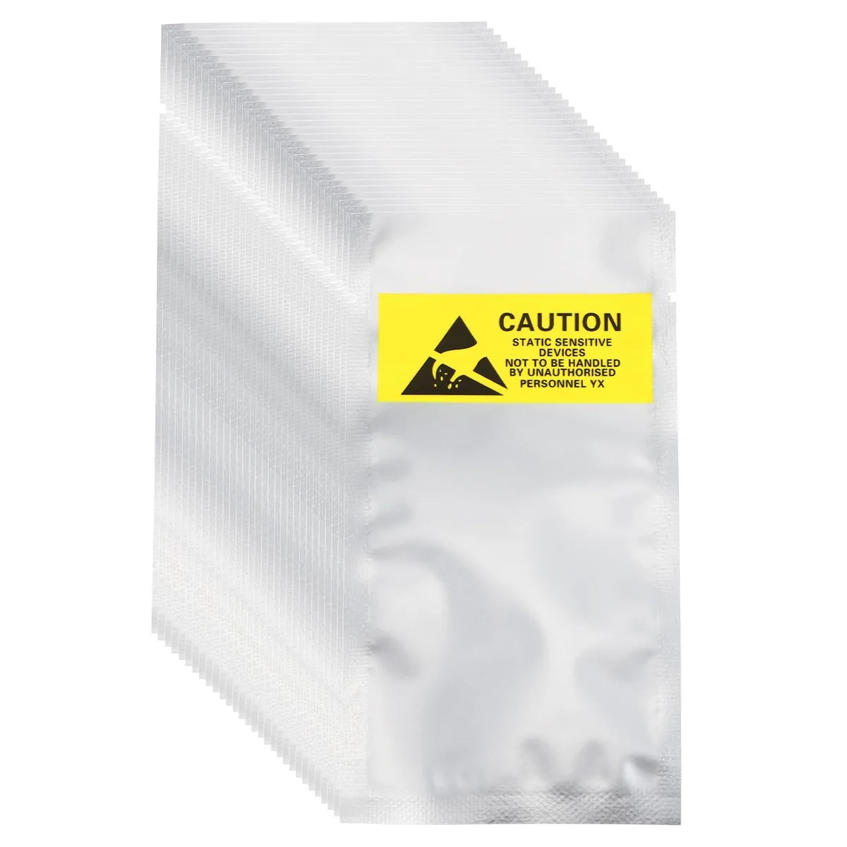 Stack of 100 silver anti-static shielding bags 2.4 by 4.5 inches with yellow labels
