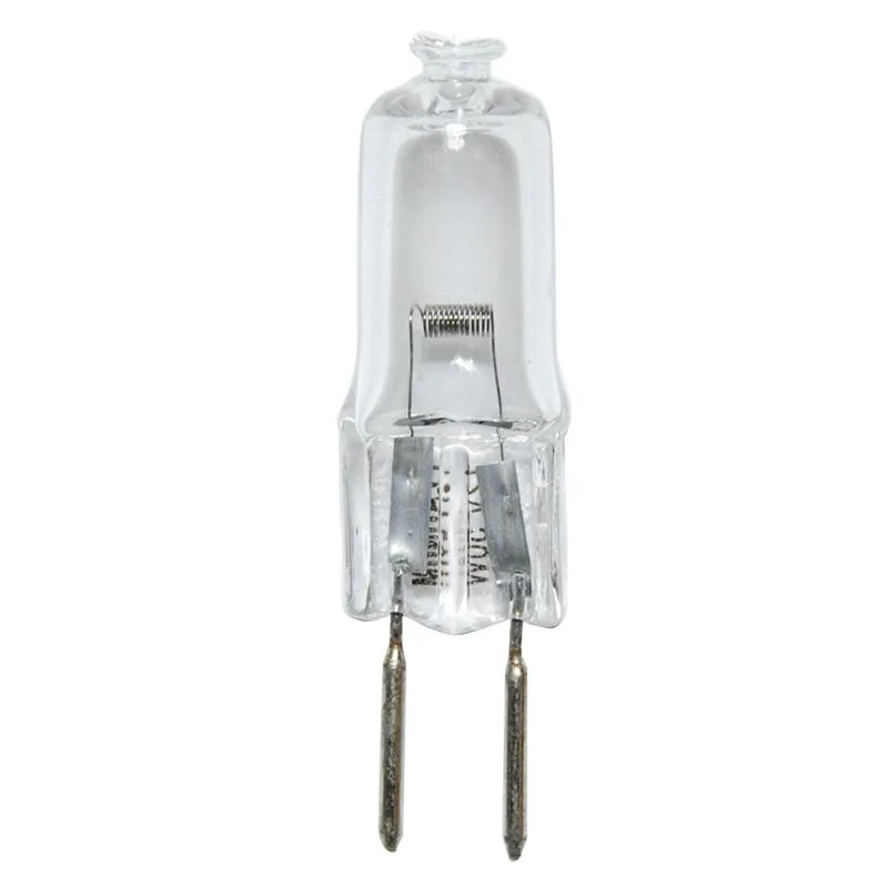 Small clear glass halogen capsule with two thin pins, 50W 12V GY6.35 base