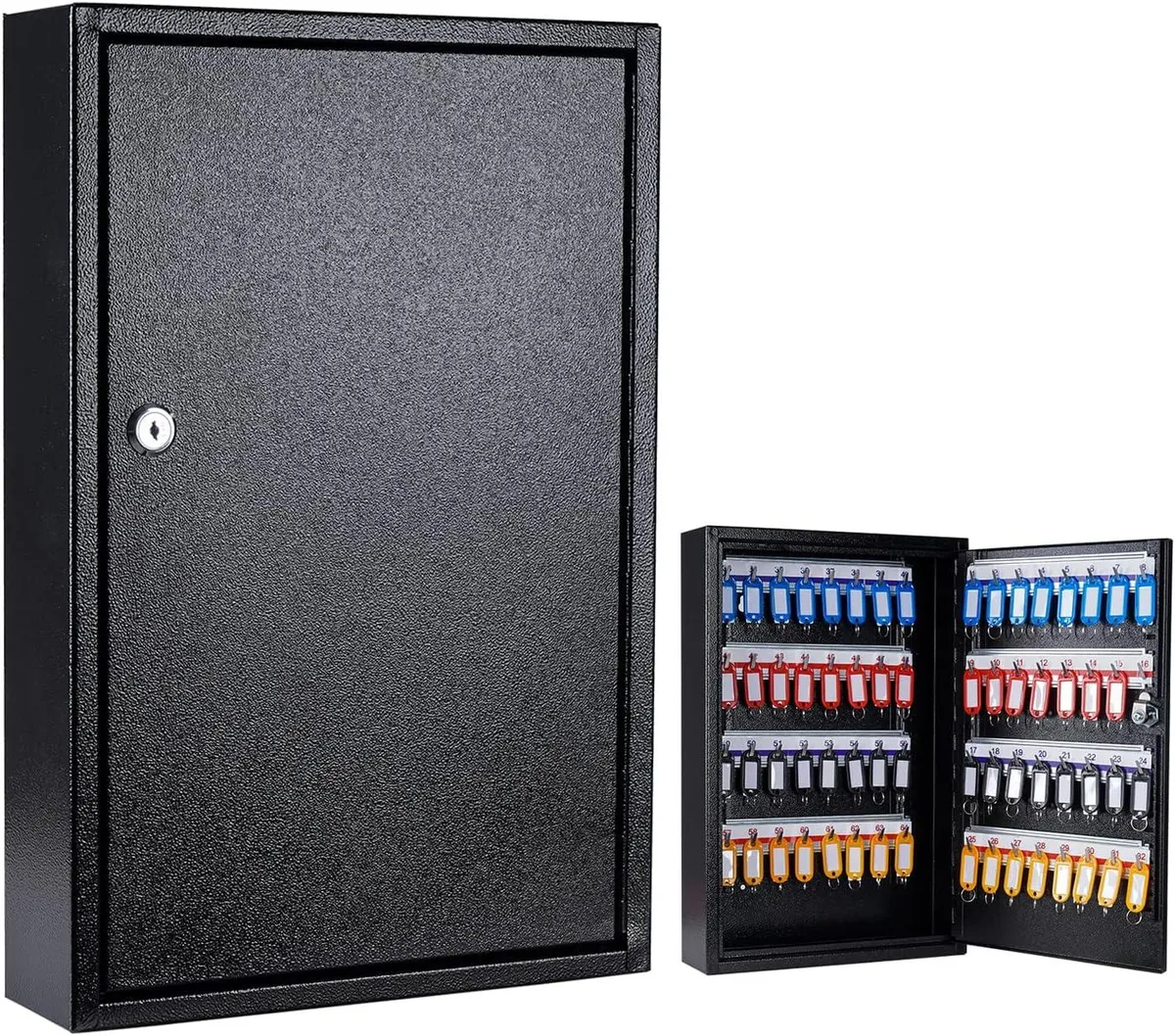 Black powder-coated steel key cabinet with 64 hooks and key tags