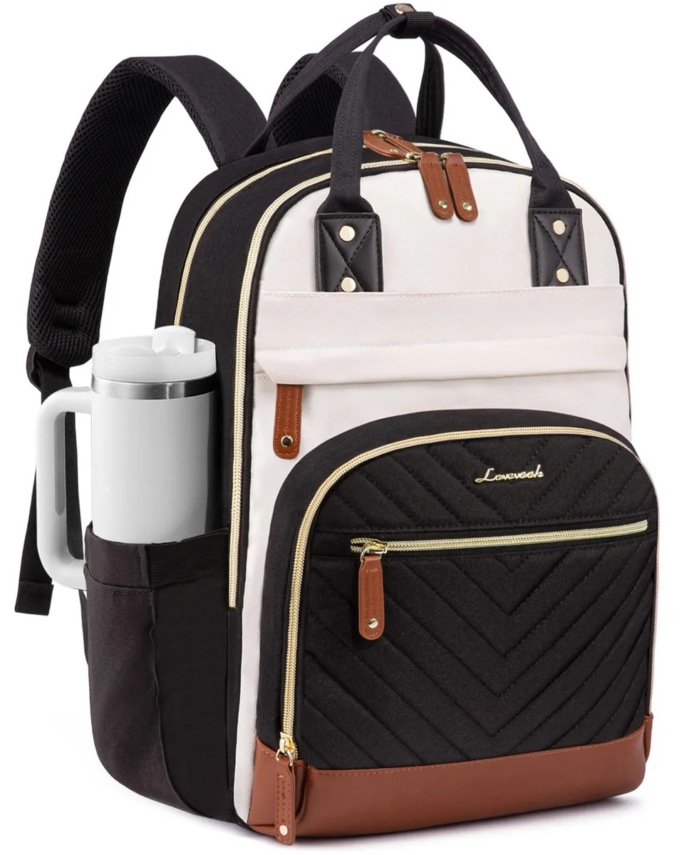 Beige nylon laptop backpack with oversized bottle pocket, 15.6 inch compartment, 26 pockets, 12 by 16 by 7.5 inches