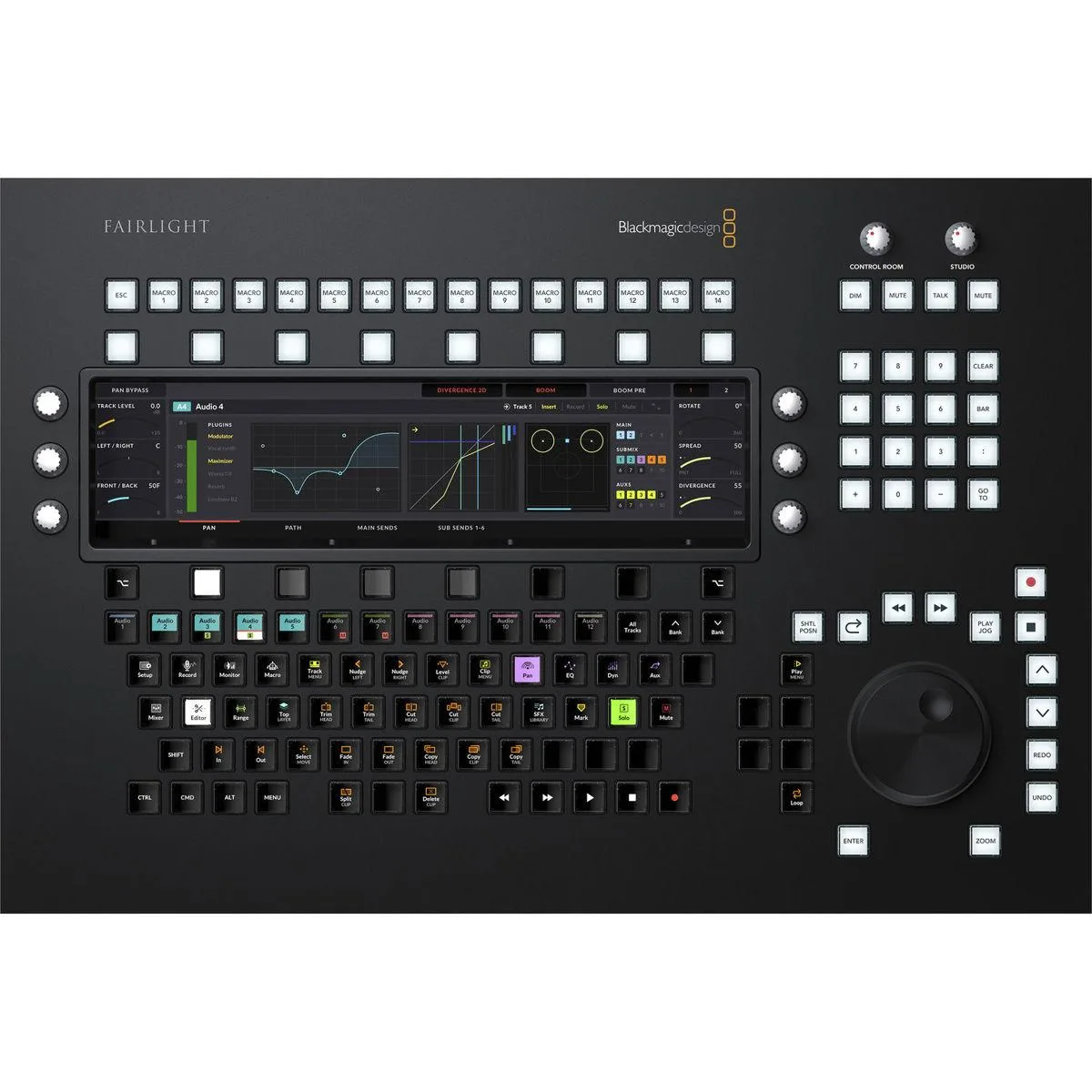 Rectangular desktop audio control surface with brushed metal finish, motorised faders, rotary encoders and a large jog shuttle wheel