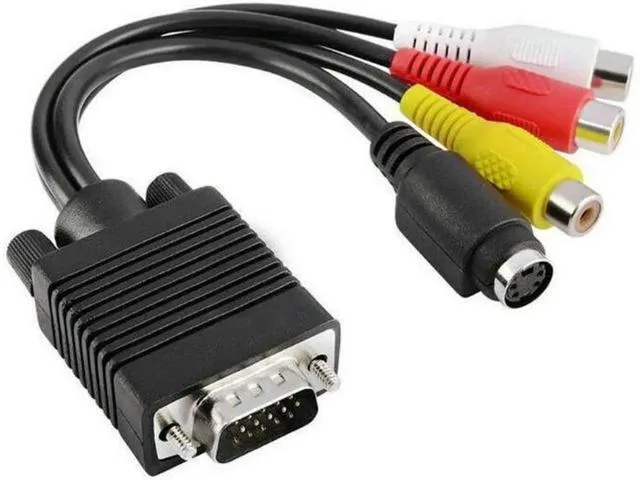 Compact black VGA adapter with S-Video and three RCA ports
