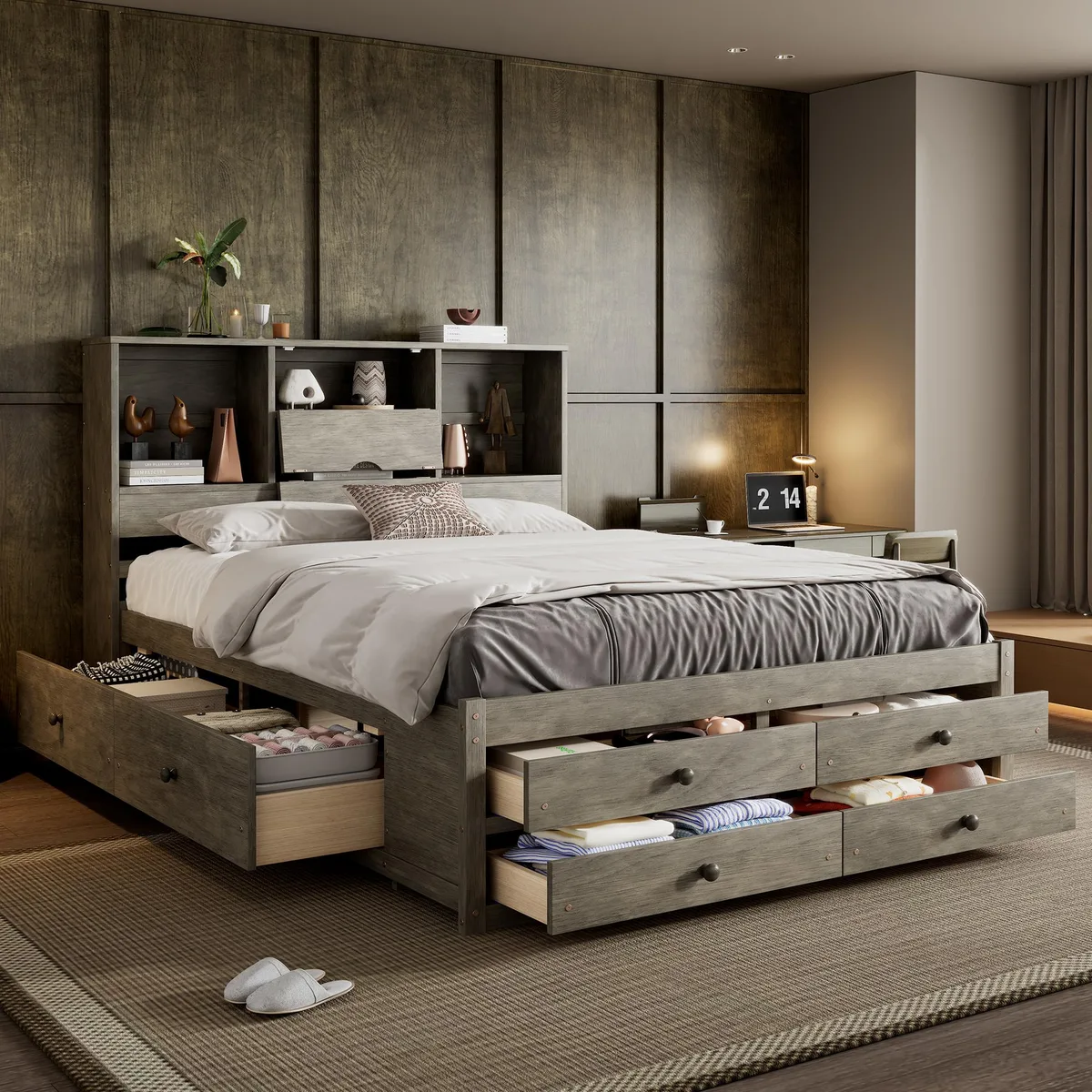 tuphen tuphen Queen Platform Bed with Storage Headboard 8 Drawers Gray — product photo