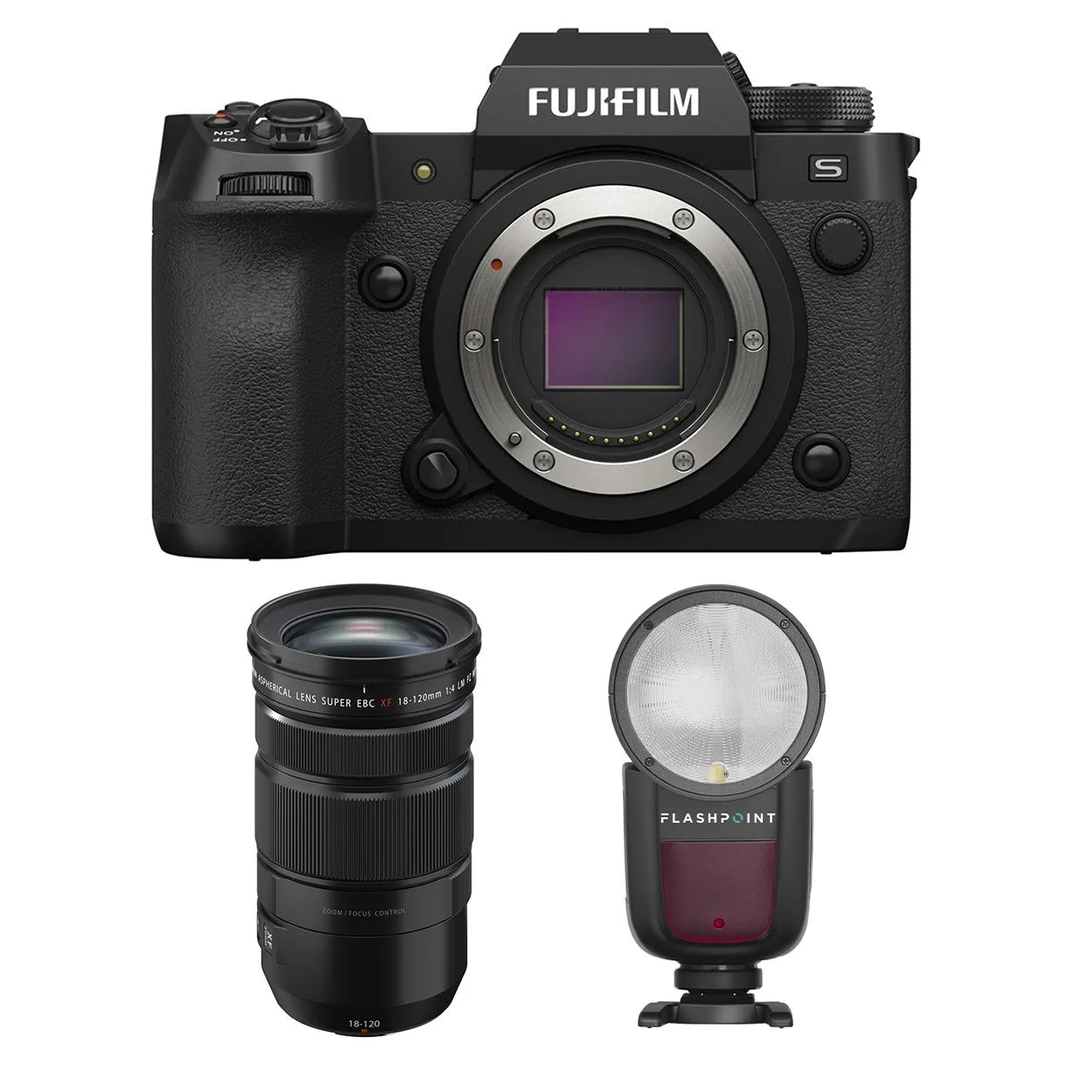 FUJIFILM Fujifilm X-H2S Compact Mirrorless Camera with XF 18-120mm f/4 Lens and Zoom Flash Speedlight — product photo