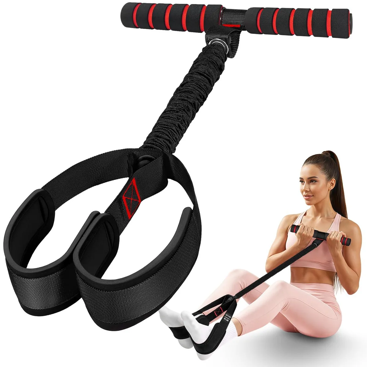 Single black latex tube with foam handles and foot pedals, 55lbs resistance