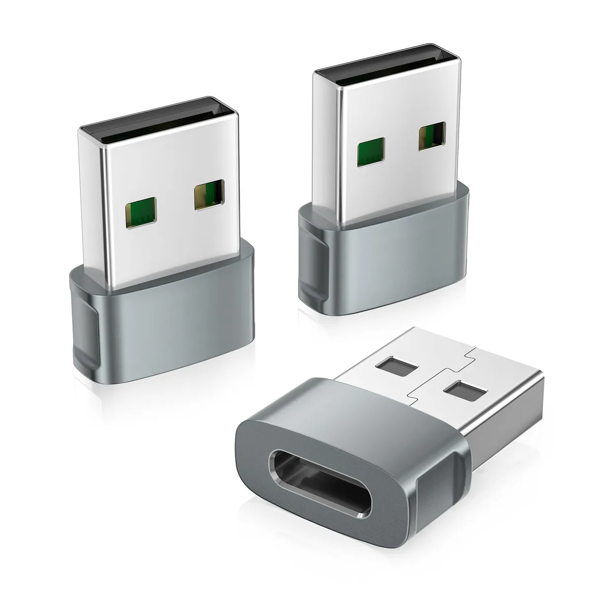Three small gray USB-C female to USB-A male adapters