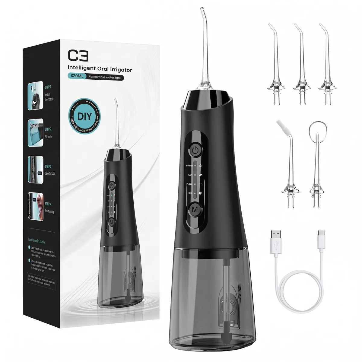 White cordless water flosser with detachable 320ML tank and five jet tips