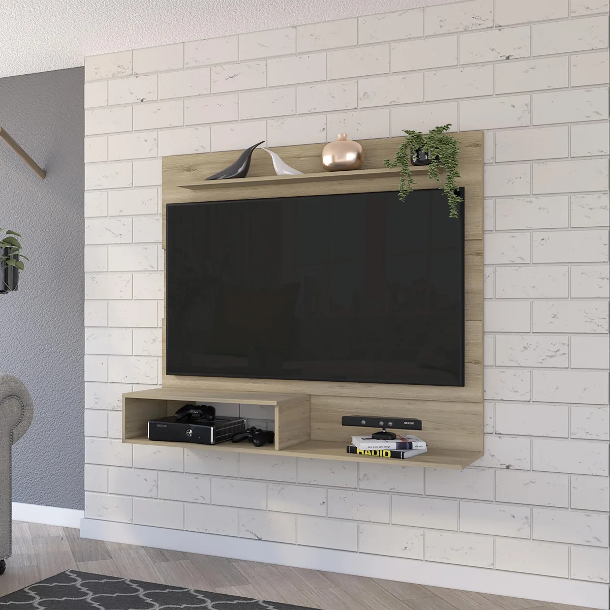 Light pine wall-mounted entertainment center with three rectangular shelves
