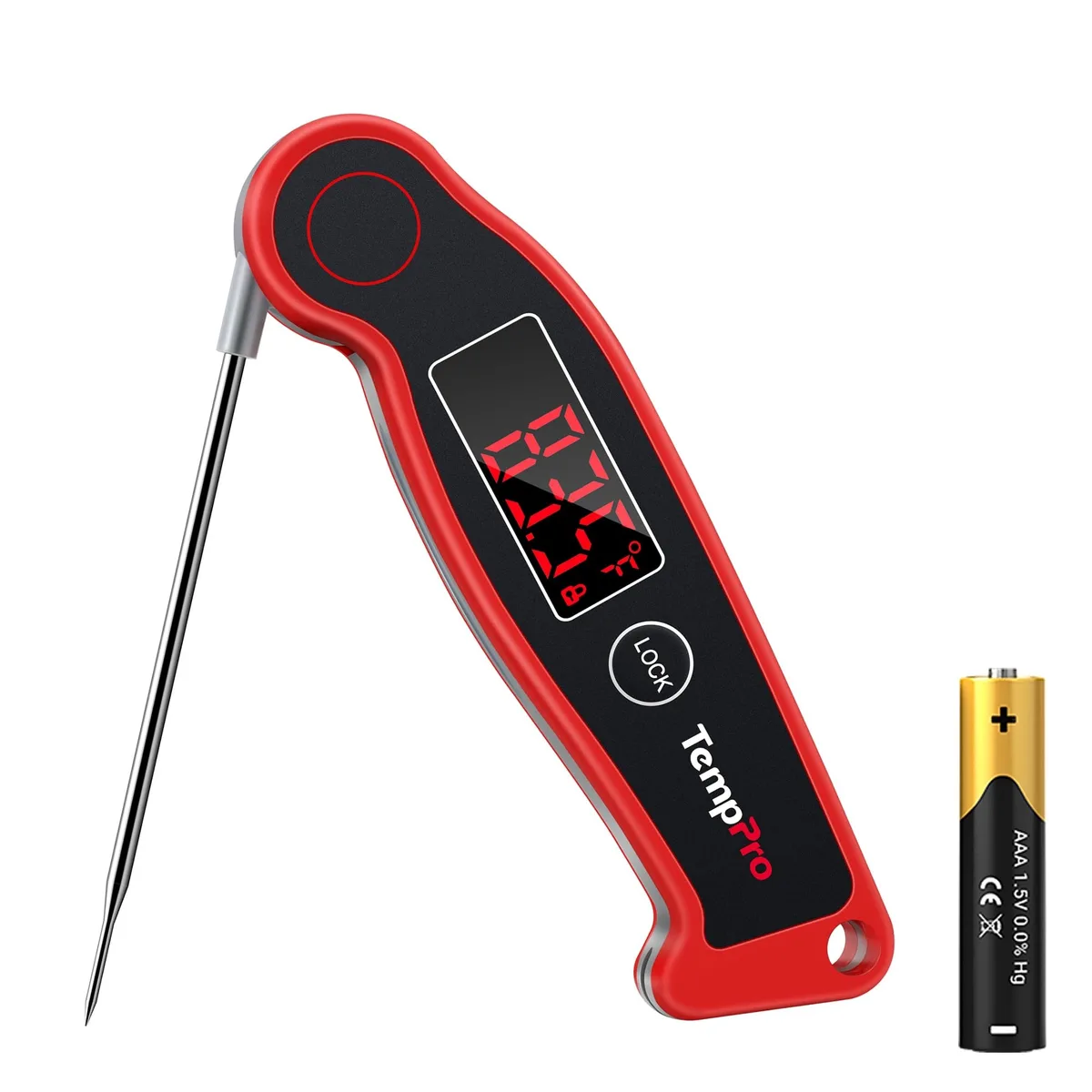 Bright red digital thermometer with folded probe, 2.0-inch backlit display, magnetic back and hang hole
