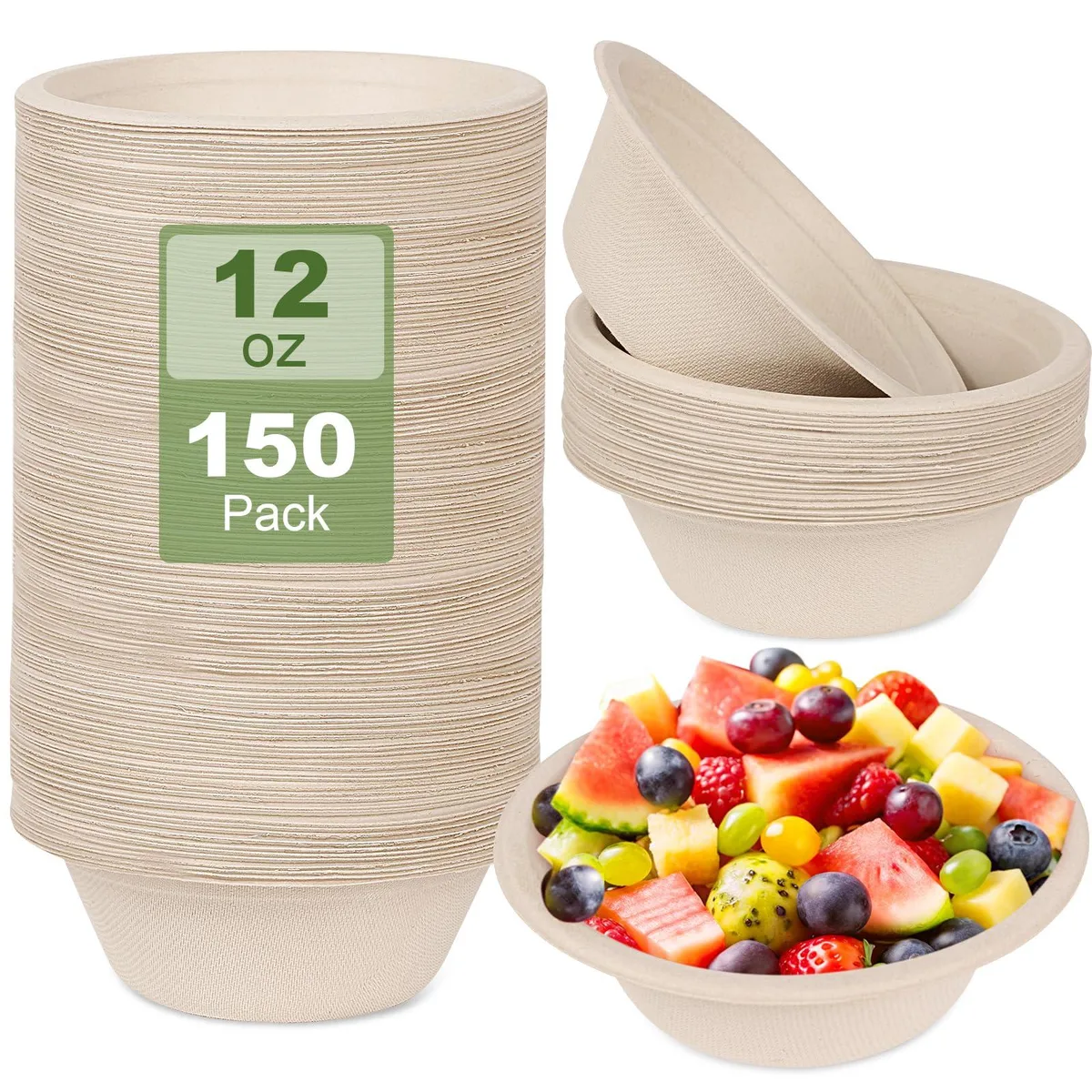 Stack of 150 round brown and red compostable paper bowls in a box