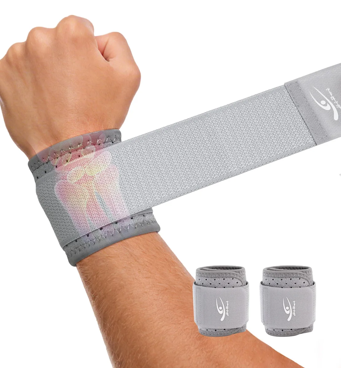 Two gray adjustable wrist braces with compression straps