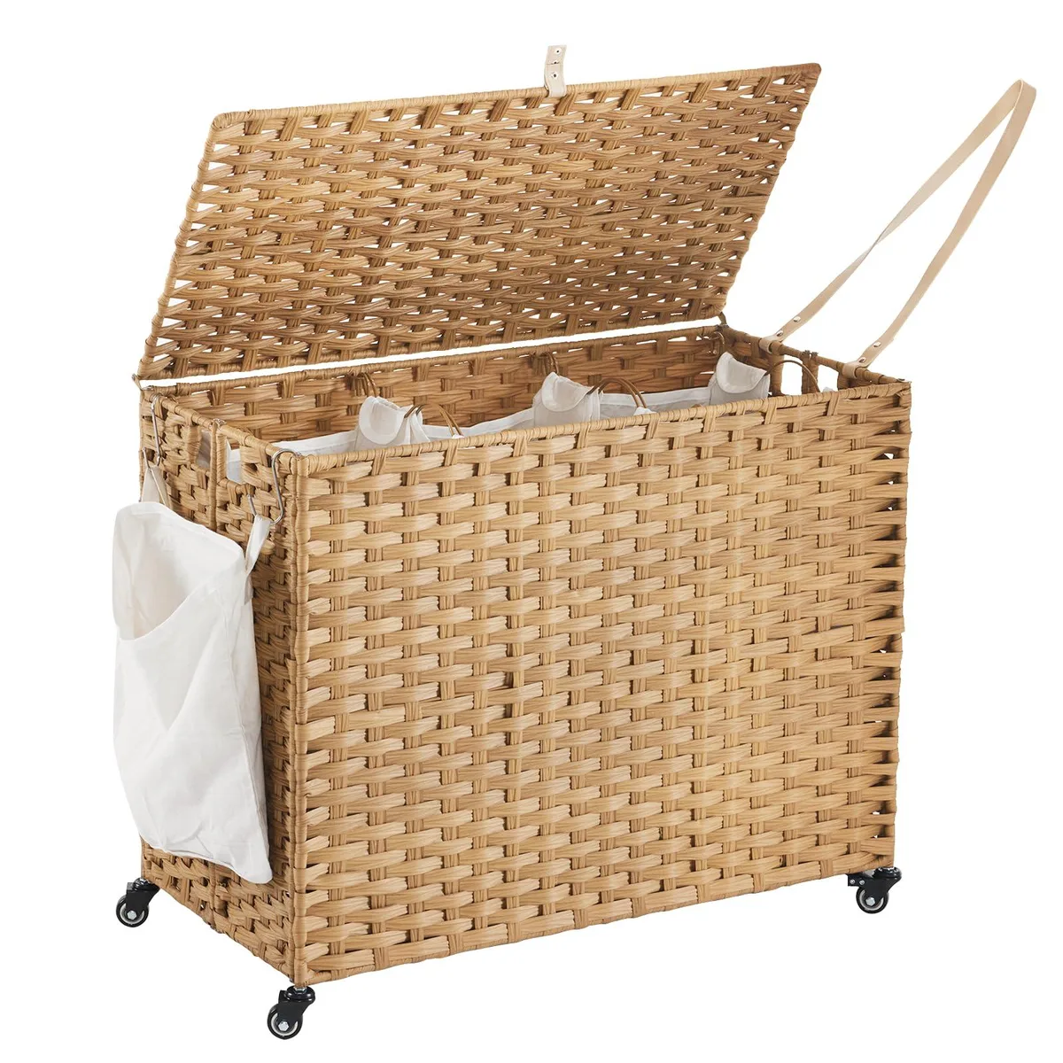 200 L 3-Section Rattan Laundry Tub with Wheels, Natural — product photo