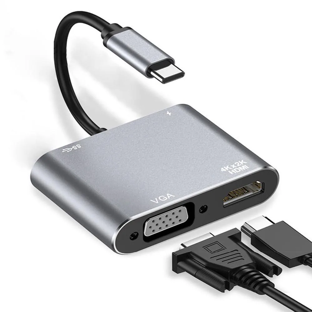 Compact USB-C adapter with HDMI and VGA ports, matte finish