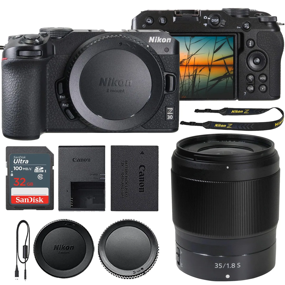 Nikon Global Nikon Global Z 30 compact mirrorless camera (Black) with NIKKOR Z 35mm f/1.8 S lens, SanDisk 32GB SDHC, case — product photo