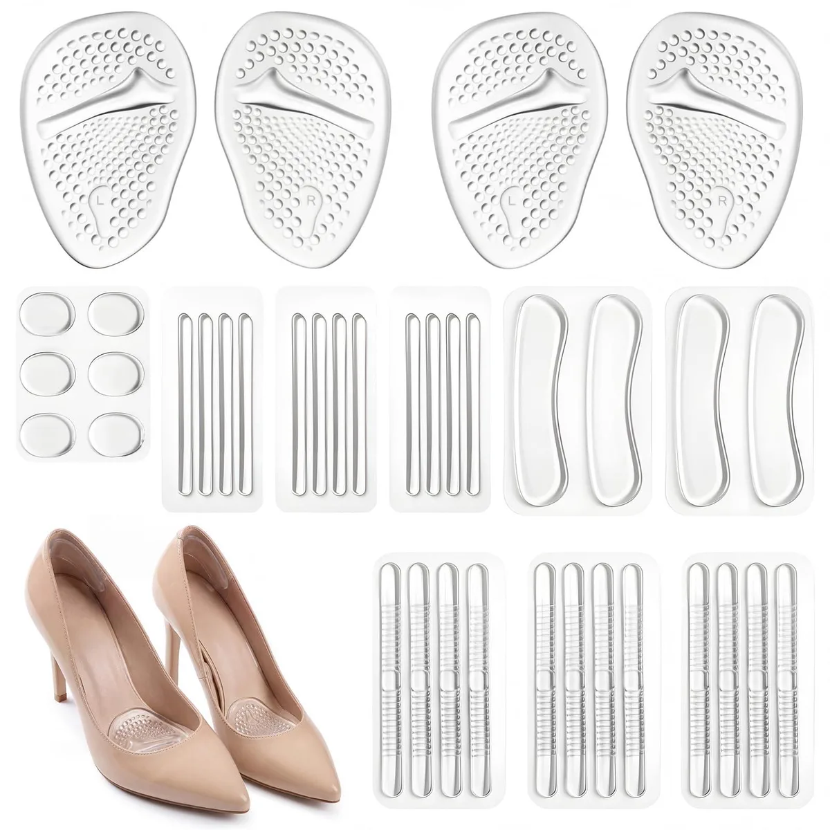 Clear silicone shoe inserts and grips, 38 pieces in assorted shapes