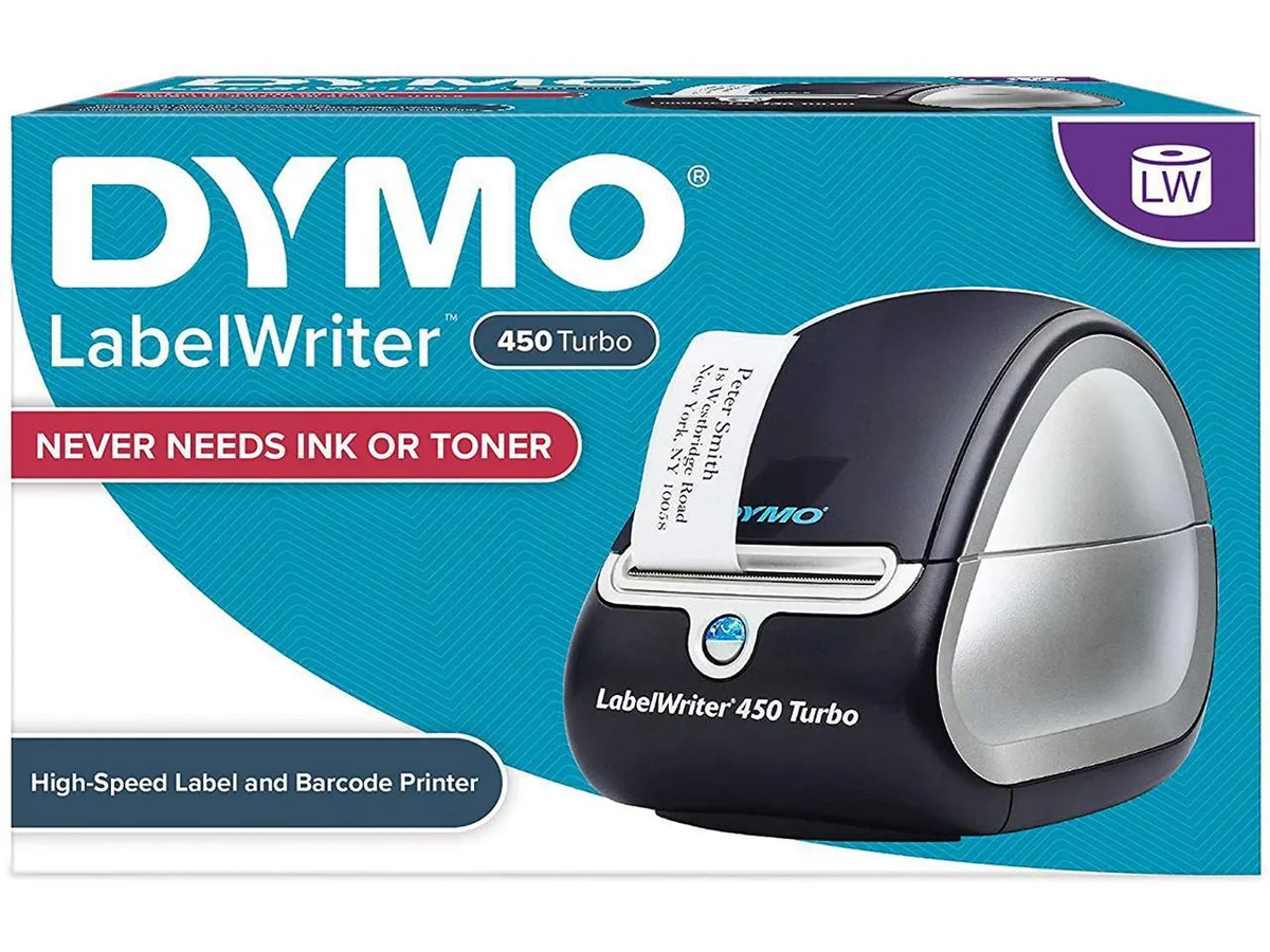 Compact grey desktop label printer with front label slot