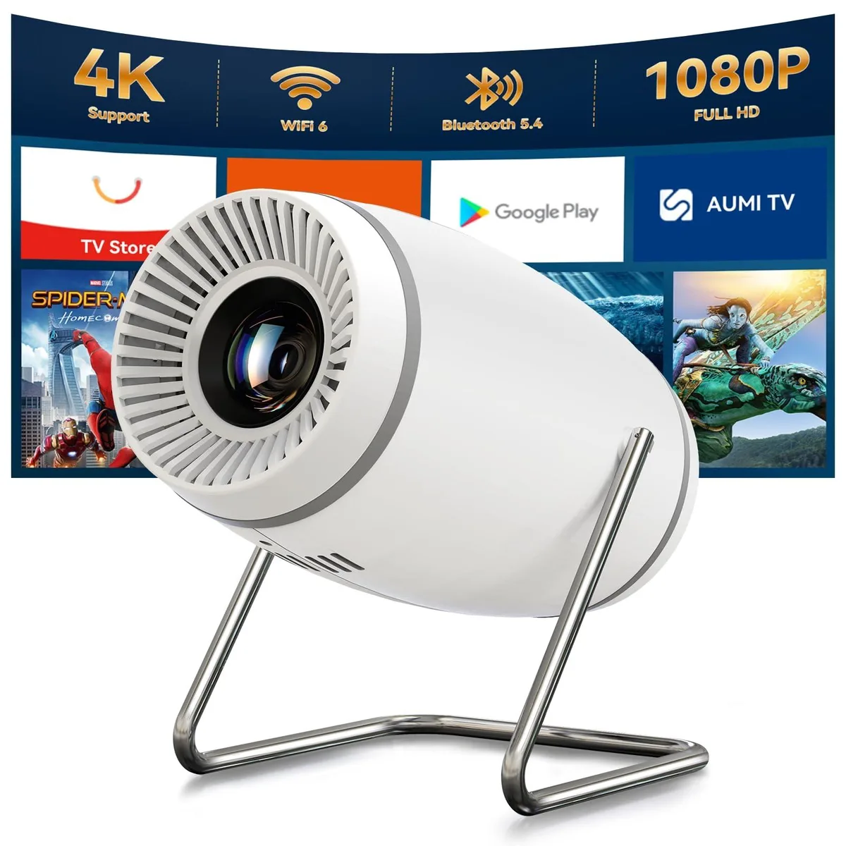  Pisodawn P22025 business projector 15000 lumens 1920×1080 180° rotatable 130" screen WiFi6 BT5.4 — product photo