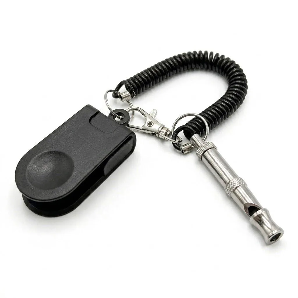 Black clicker and whistle set with wrist strap
