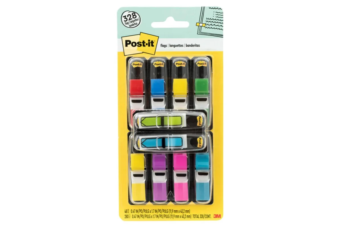 Eight small plastic dispensers in assorted colors each holding 35 narrow flags plus 48 arrow flags