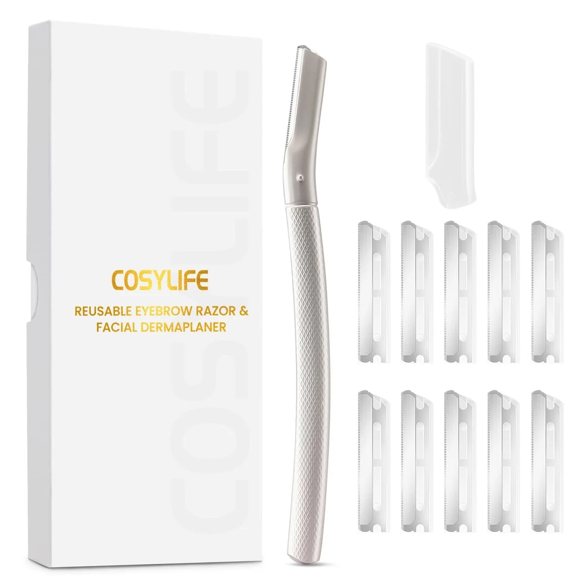 Silver metal facial razor handle with 10 blade refills