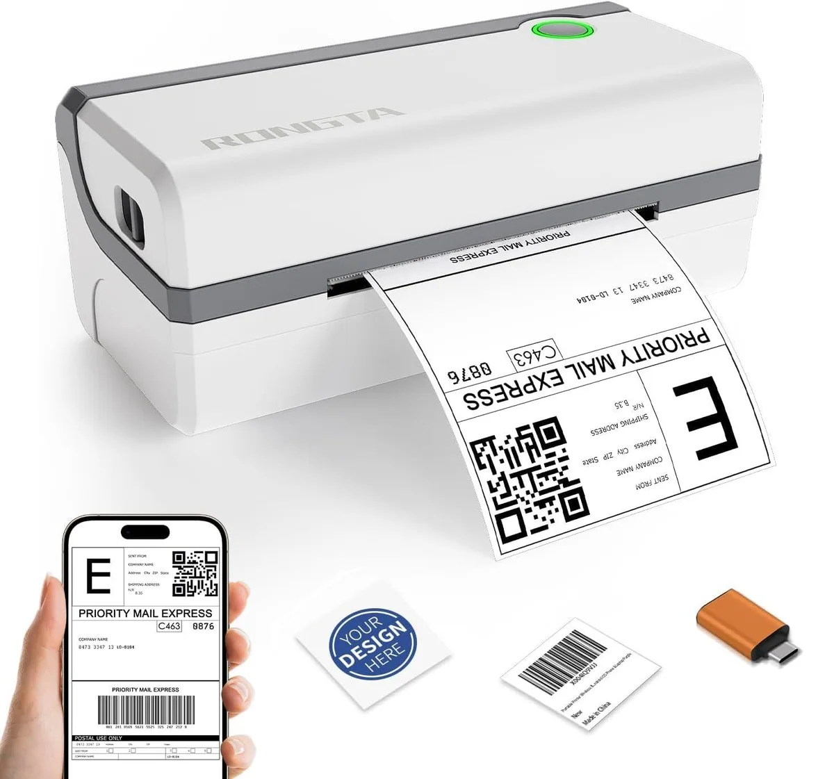 Compact white thermal label printer with roll holder and USB port