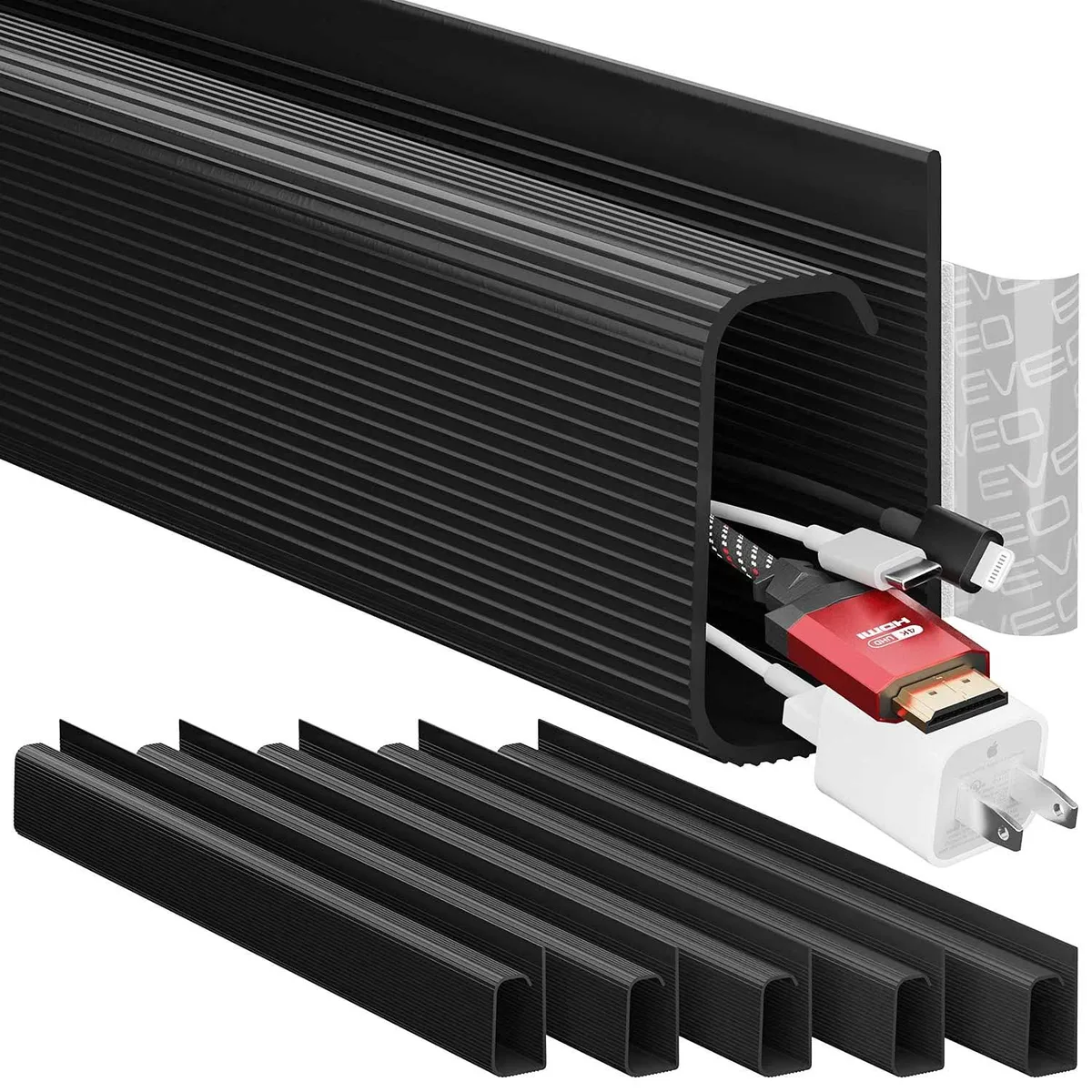 Six black neoprene J-channel raceways, self-adhesive, 19.5 inches each