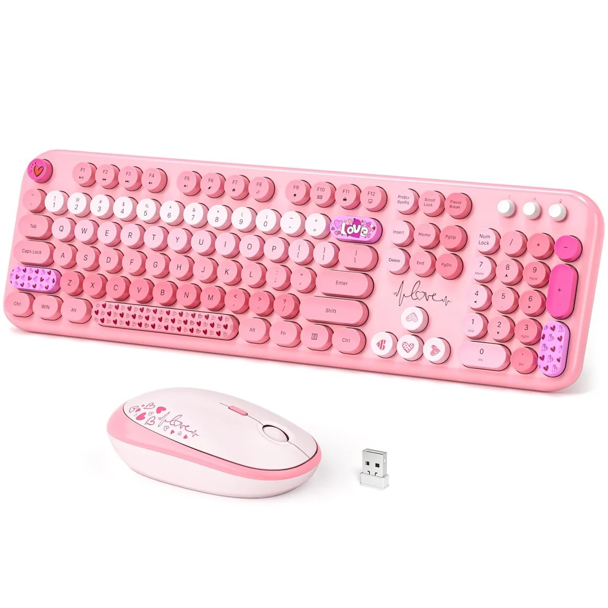 Pink full-size wireless keyboard with rounded keys and matching mouse on single USB receiver