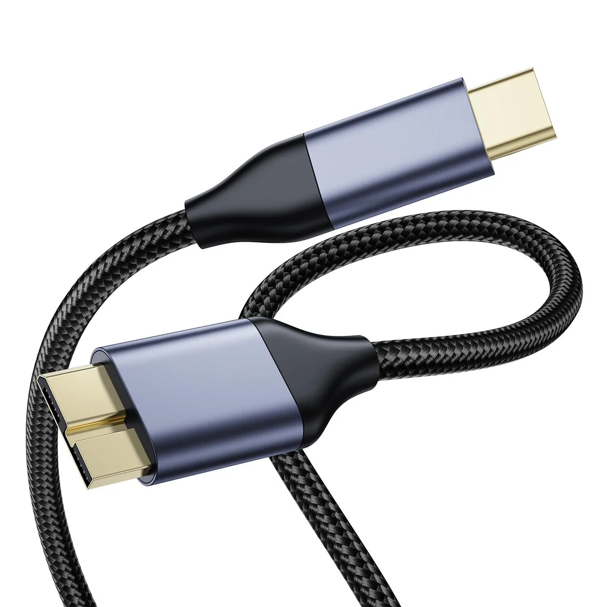 Black and gold USB-C to Micro-B cable with braided nylon jacket