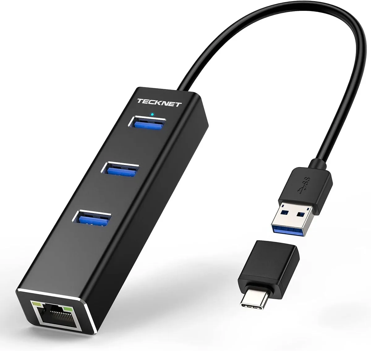 PISKEKAT PISKEKAT USB C to Ethernet Aluminum 3 Port USB 3.0 Hub RJ45 Gigabit LAN Adapter — product photo