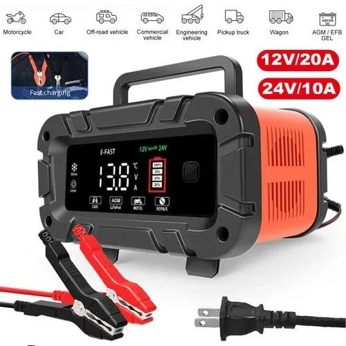 Rectangular black charger unit with front display and cable connections
