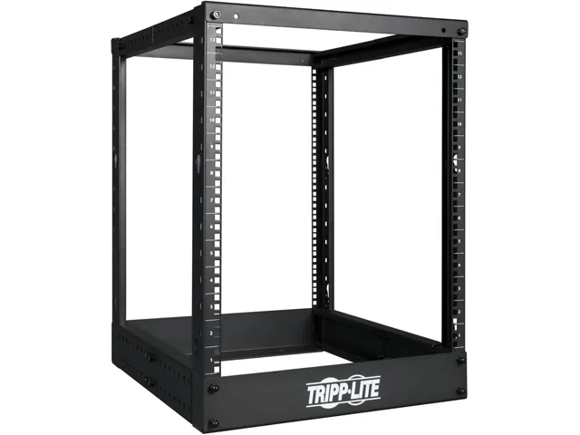 Black steel 13U four-post open frame rack with square numbered mounting holes