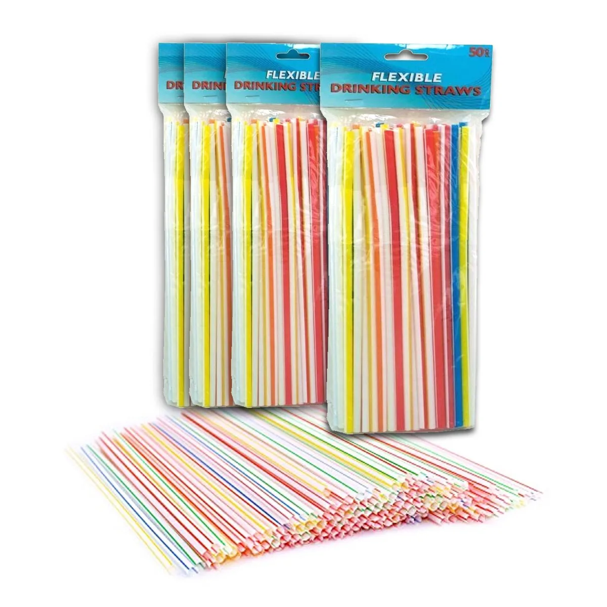 Box of 200 colourful bendable plastic drinking straws