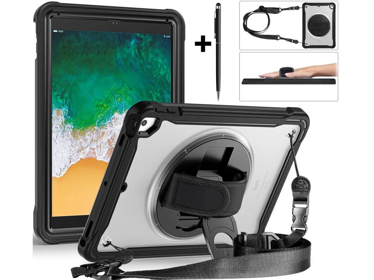 Black protective case for 10.2 inch iPad with clear back, rotating stand, strap and pencil holder