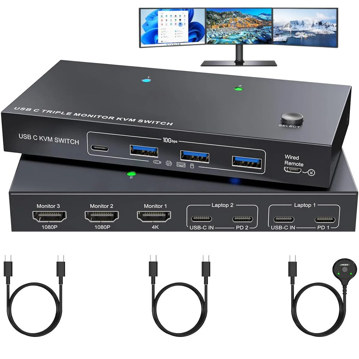 WRIARICH WRIARICH USB-C KVM Switch 3 Monitors 2 PCs 4K/1080P@60Hz — product photo