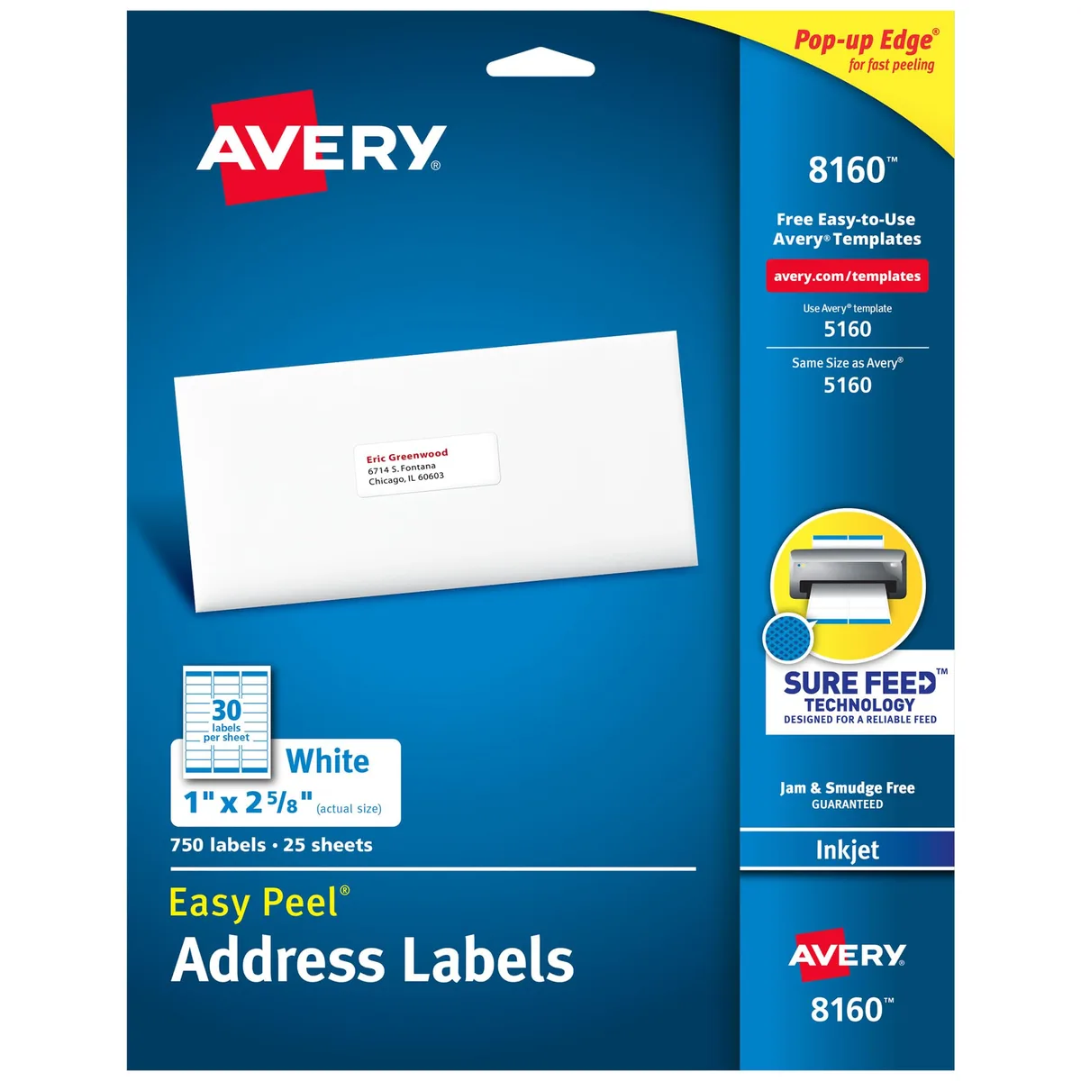  Avery 8160 750 labels 12.3 x 10.1 x 2.8 in board — product photo