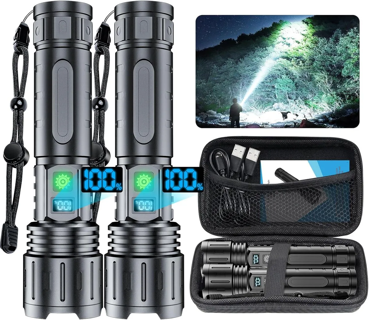 Two cylindrical flashlights with matte finish, USB-C ports and digital power displays