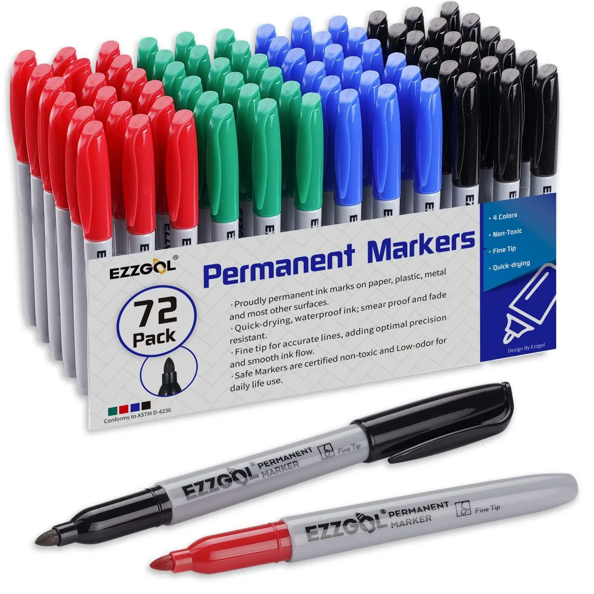  Ezzgol Permanent Markers 72 Pack 18 Each Black Red Blue Green Fine Point — product photo