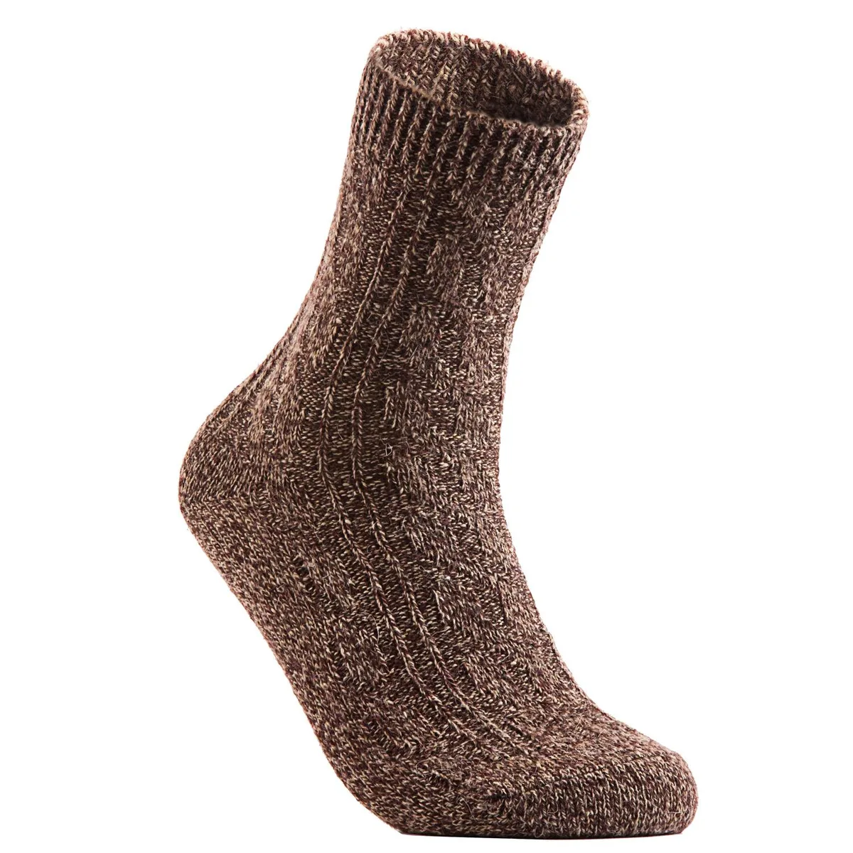 A brown wool crew sock prop, model 1613, folded flat showing ribbed cuff and textured knit