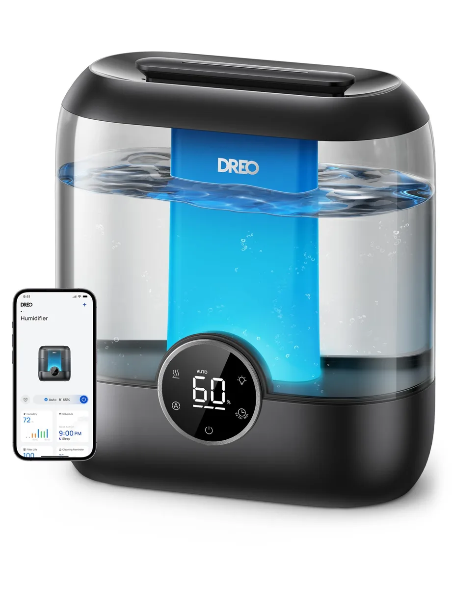 Oval black humidifier with digital display and wide mist nozzle