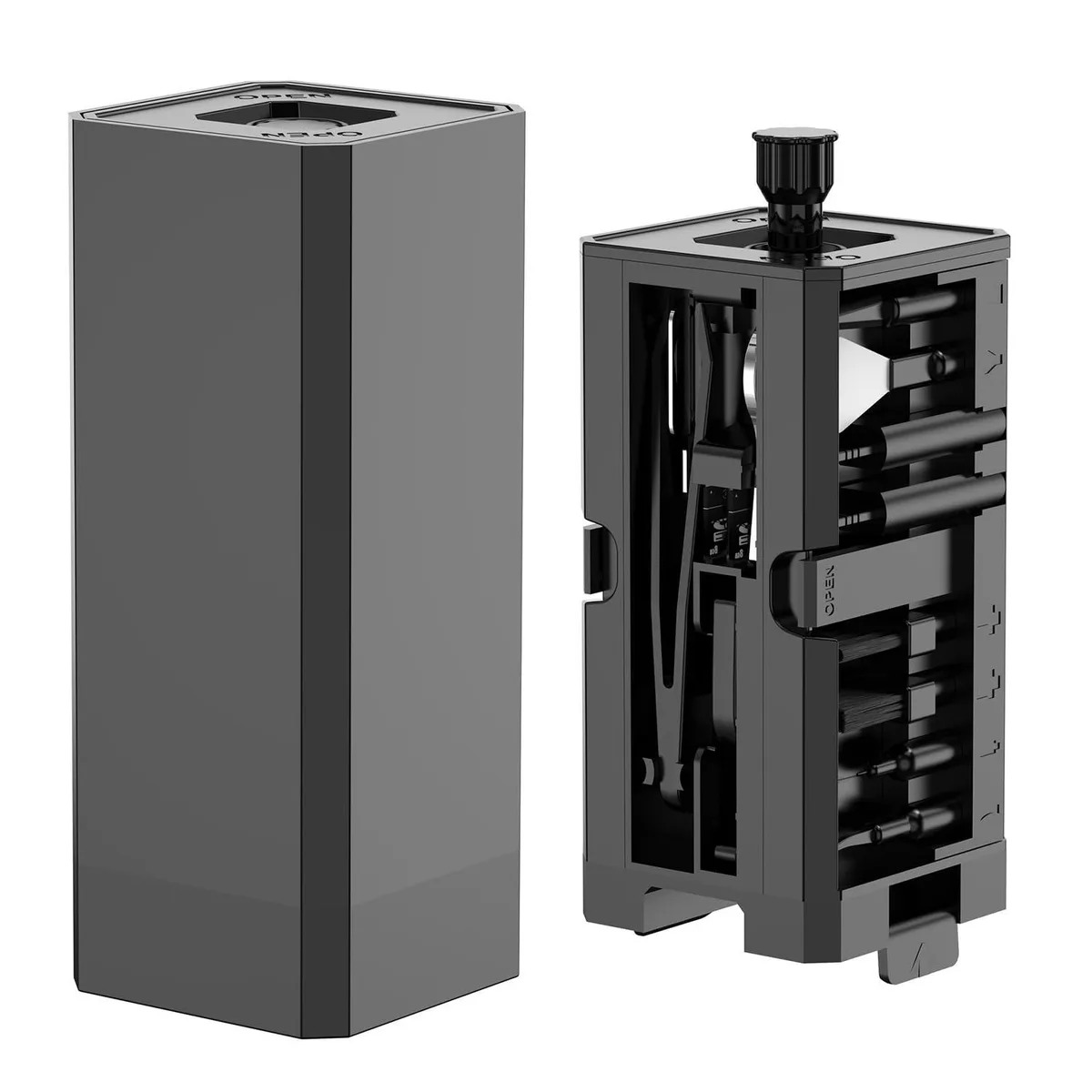 Black rectangular case holding 32 cleaning tools and accessories