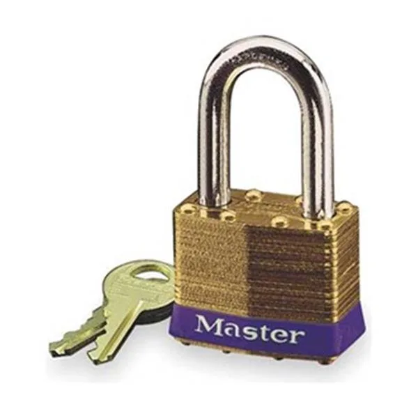 Master Lock brass padlock, rectangular laminated body, steel shackle, keyed alike 404