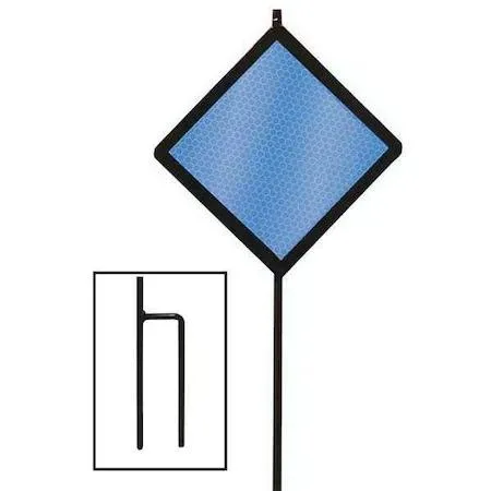 Twelve blue reflective driveway markers, 48 inches tall, black steel posts with diamond-shaped heads