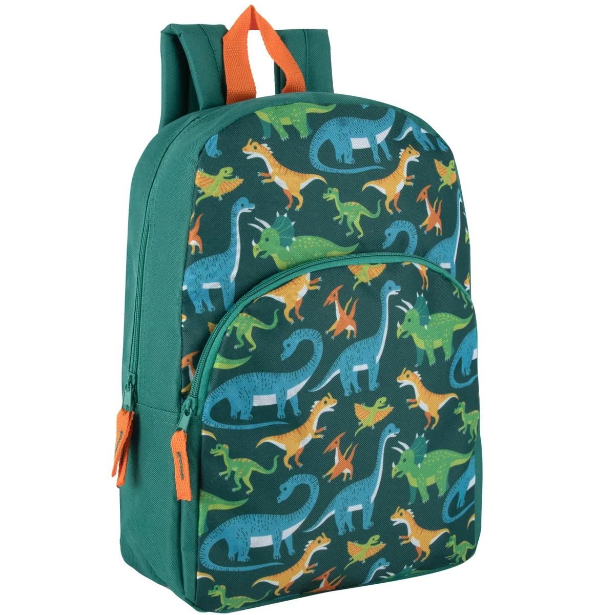 15 inch polyester kids backpack with dancing dinosaur print and front zip pocket