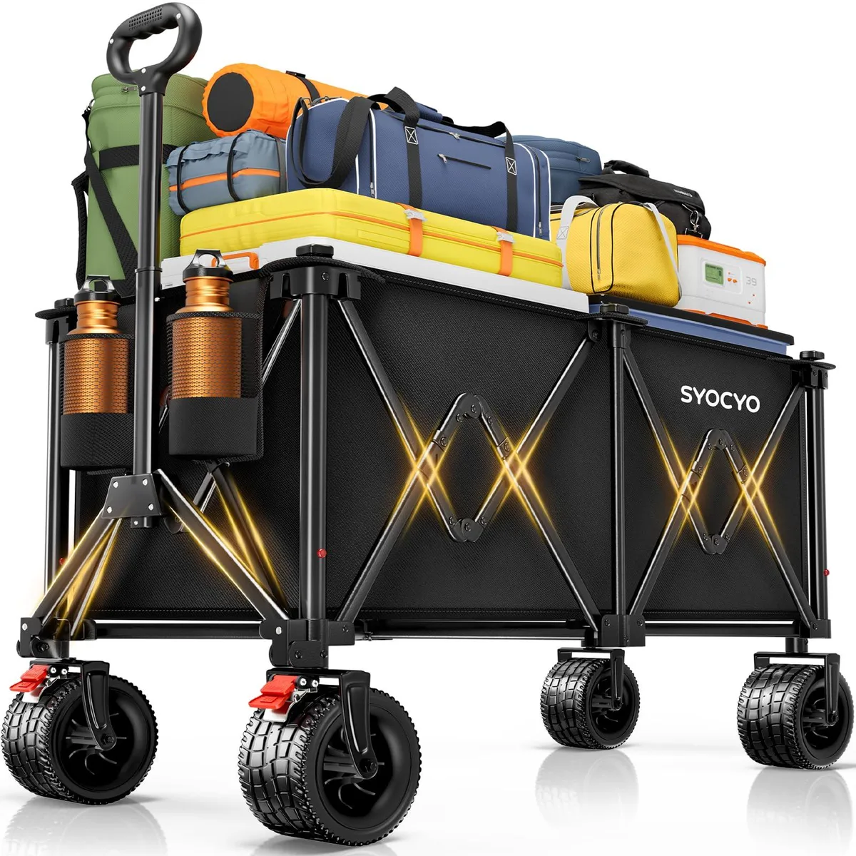 Black foldable wagon with wide all-terrain wheels and fabric body