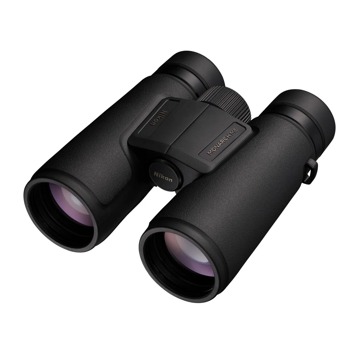 Black rubber-armoured 8x42 binocular with flip-down lens covers and neck strap