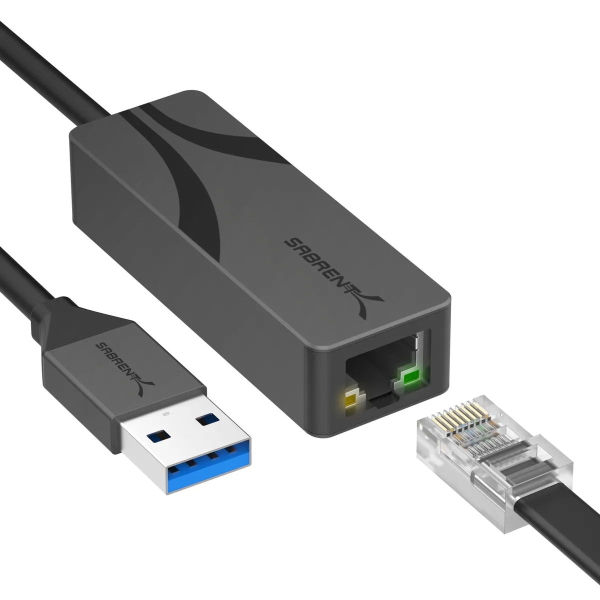 Compact black USB-A adapter with aluminum housing and integrated cable